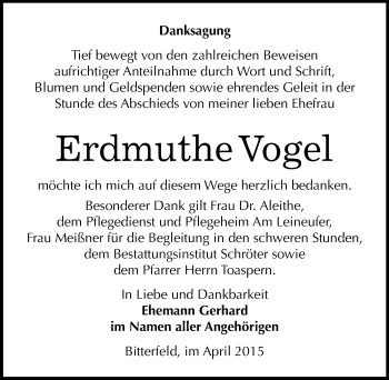 Traueranzeige von Erdmuthe Vogel von Mitteldeutsche Zeitung Bitterfeld