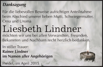 Traueranzeige von Liesbeth Lindner von Mitteldeutsche Zeitung Zeitz