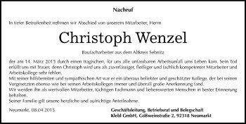 Traueranzeige von Christoph Wenzel von Mitteldeutsche Zeitung Köthen