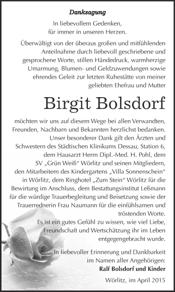 Traueranzeige von Birgit Bolsdorf von WVG - Wochenspiegel Wittenberg