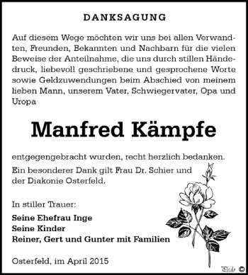 Traueranzeige von Manfred Kämpfe von Super Sonntag Zeitz