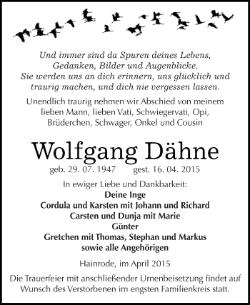Traueranzeige von Wolfgang Dähne von Super Sonntag SGH Mansf. Land