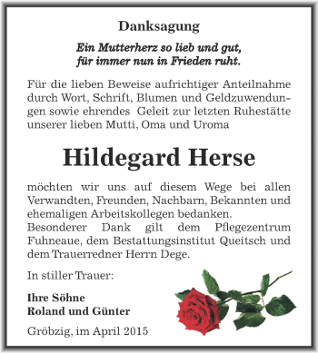 Traueranzeige von Hildegard Herse von WVG - Wochenspiegel Dessau / Köthen
