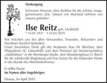 Traueranzeige von Ilse Reitz von WVG - Wochenspiegel Dessau / Köthen