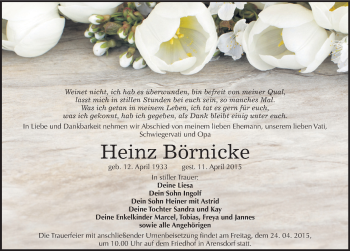 Traueranzeige von Heinz Börnicke von Mitteldeutsche Zeitung Köthen