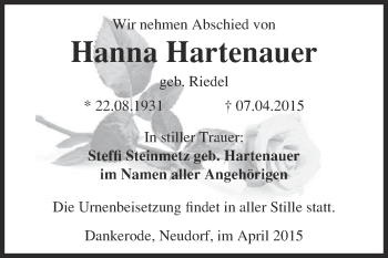 Traueranzeige von Hanna Hartenauer von WVG - Wochenspiegel Quedlinburg