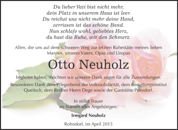 Traueranzeige von Otto Neuholz von WVG - Wochenspiegel Dessau / Köthen