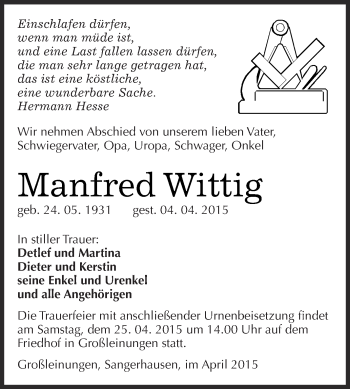 Traueranzeige von Manfred Wittig von Super Sonntag SGH Mansf. Land