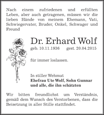 Traueranzeige von Erhard Wolf von WVG - Wochenspiegel Dessau / Köthen