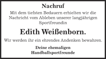 Traueranzeige von Edith Weißenborn von Super Sonntag Bernburg