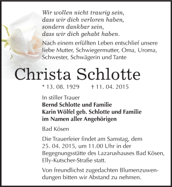 Traueranzeige von Christa Schlotte von Mitteldeutsche Zeitung Naumburg/Nebra