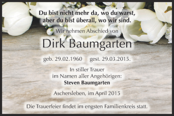 Traueranzeige von Dirk Baumgarten von Super Sonntag Aschersleben