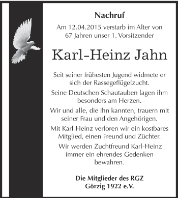 Traueranzeige von Karl-Heinz Jahn von WVG - Wochenspiegel Dessau / Köthen