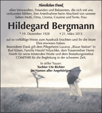 Traueranzeige von Hildegard Bergmann von WVG - Wochenspiegel NMB / WSF / ZTZ
