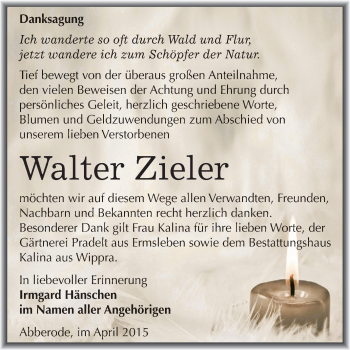 Traueranzeige von Walter Zieler von Wochenspiegel Mansfelder Land
