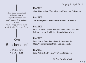 Traueranzeige von Eva Buschendorf von Super Sonntag Zeitz