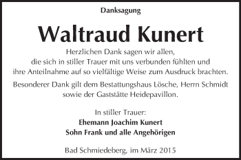 Traueranzeige von Waltraud Kunert von WVG - Wochenspiegel Wittenberg