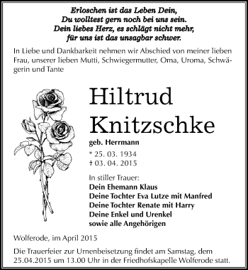 Traueranzeige von Hiltrud Knitzschke von Mitteldeutsche Zeitung Mansfelder Land
