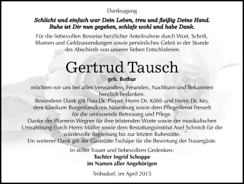 Traueranzeige von Gertrud Tausch von Mitteldeutsche Zeitung Naumburg/Nebra