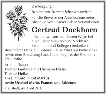 Traueranzeige von Gertrud Dockhorn von Super Sonntag SGH Mansf. Land