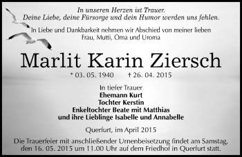 Traueranzeige von Marlit Karin Ziersch von Mitteldeutsche Zeitung Merseburg/Querfurt