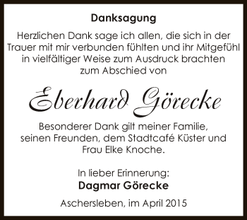 Traueranzeige von Eberhard Görecke von Super Sonntag Aschersleben