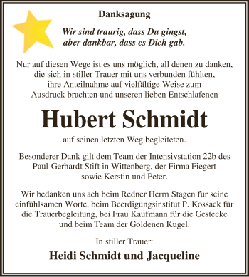 Traueranzeige von Hubert Schmidt von WVG - Wochenspiegel Dessau / Köthen