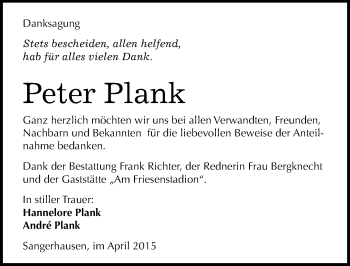 Traueranzeige von Peter Plank von Mitteldeutsche Zeitung Sangerhausen