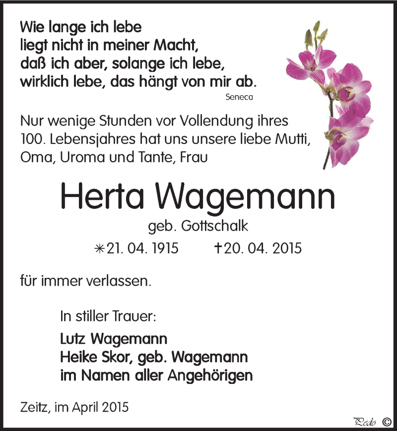  Traueranzeige für Herta Wagemann vom 25.04.2015 aus Mitteldeutsche Zeitung Zeitz