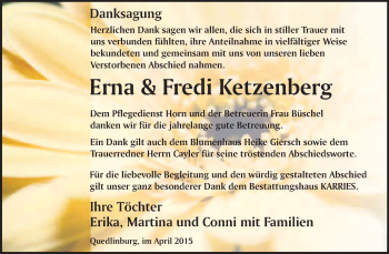 Traueranzeige von Erna und Fredi Ketzenberg von WVG - Wochenspiegel Quedlinburg