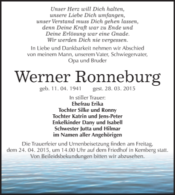 Traueranzeige von Werner Ronneburg von WVG - Wochenspiegel Wittenberg
