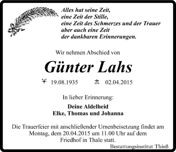 Traueranzeige von Günter Lahs von Mitteldeutsche Zeitung Quedlinburg