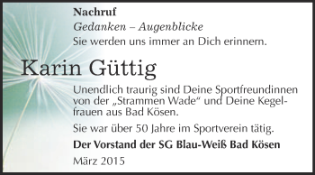 Traueranzeige von Karin Güttig von WVG - Wochenspiegel NMB / WSF / ZTZ