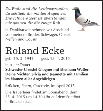 Traueranzeige von Roland Ecke von Mitteldeutsche Zeitung Sangerhausen