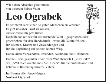 Traueranzeige von Leo Ograbek von WVG - Wochenspiegel Quedlinburg