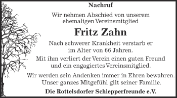 Traueranzeige von Fritz Zahn von Wochenspiegel Mansfelder Land