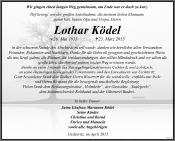 Traueranzeige von Lothar Ködel von WVG - Wochenspiegel NMB / WSF / ZTZ