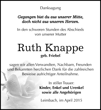 Traueranzeige von Ruth Knappe von Mitteldeutsche Zeitung