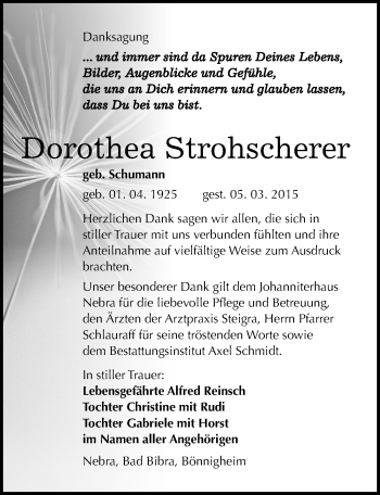 Traueranzeige von Dorothea Strohscherer von Mitteldeutsche Zeitung Naumburg/Nebra