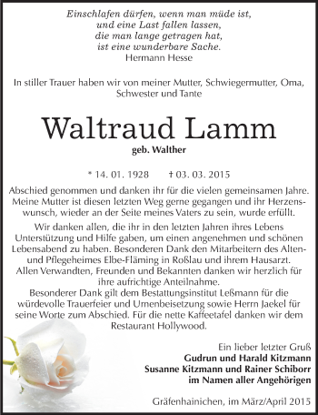 Traueranzeige von Waltraud Lamm von Mitteldeutsche Zeitung Wittenberg