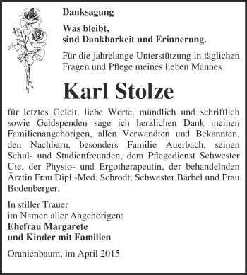 Traueranzeige von Karl Stolze von WVG - Wochenspiegel Wittenberg