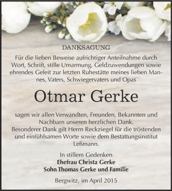 Traueranzeige von Otmar Gerke von WVG - Wochenspiegel Wittenberg