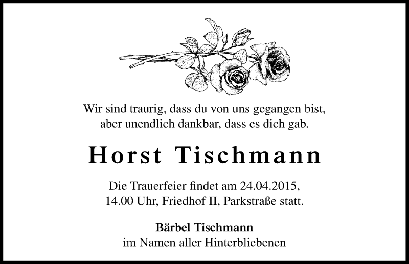 Traueranzeigen von Horst Tischmann www.abschiednehmen.de