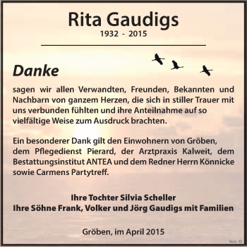 Traueranzeige von Rita Gaudigs von WVG - Wochenspiegel NMB / WSF / ZTZ