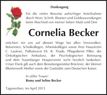 Traueranzeige von Cornelia Becker von WVG - Wochenspiegel NMB / WSF / ZTZ