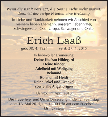 Traueranzeige von Erich Laaß von Mitteldeutsche Zeitung Köthen