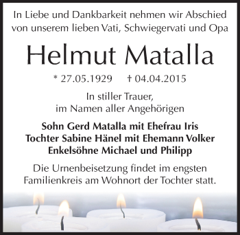 Traueranzeige von Helmut Matalla von Mitteldeutsche Zeitung Bernburg