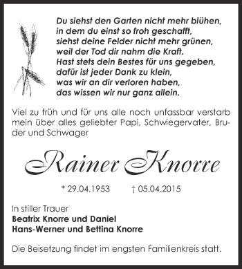 Traueranzeige von Rainer Knorre von Super Sonntag Bernburg