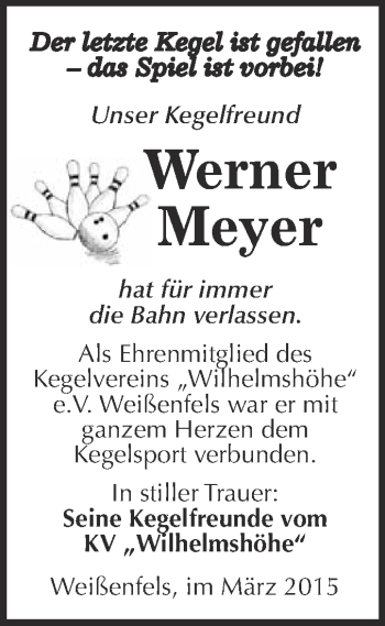 Traueranzeige von Werner Meyer von WVG - Wochenspiegel NMB / WSF / ZTZ