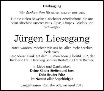 Traueranzeige von Jürgen Liesegang von Mitteldeutsche Zeitung Sangerhausen